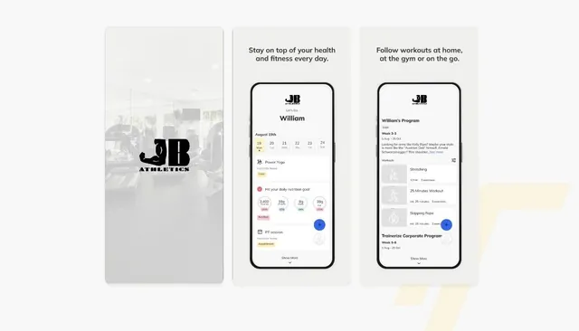 Screens from the JB Athletics coaching app showing a weekly program